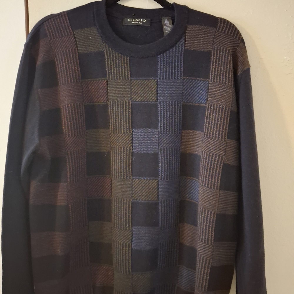 Men’s Black and Brown Checkered Crewneck Sweater Classic Knit Casual Pullover L